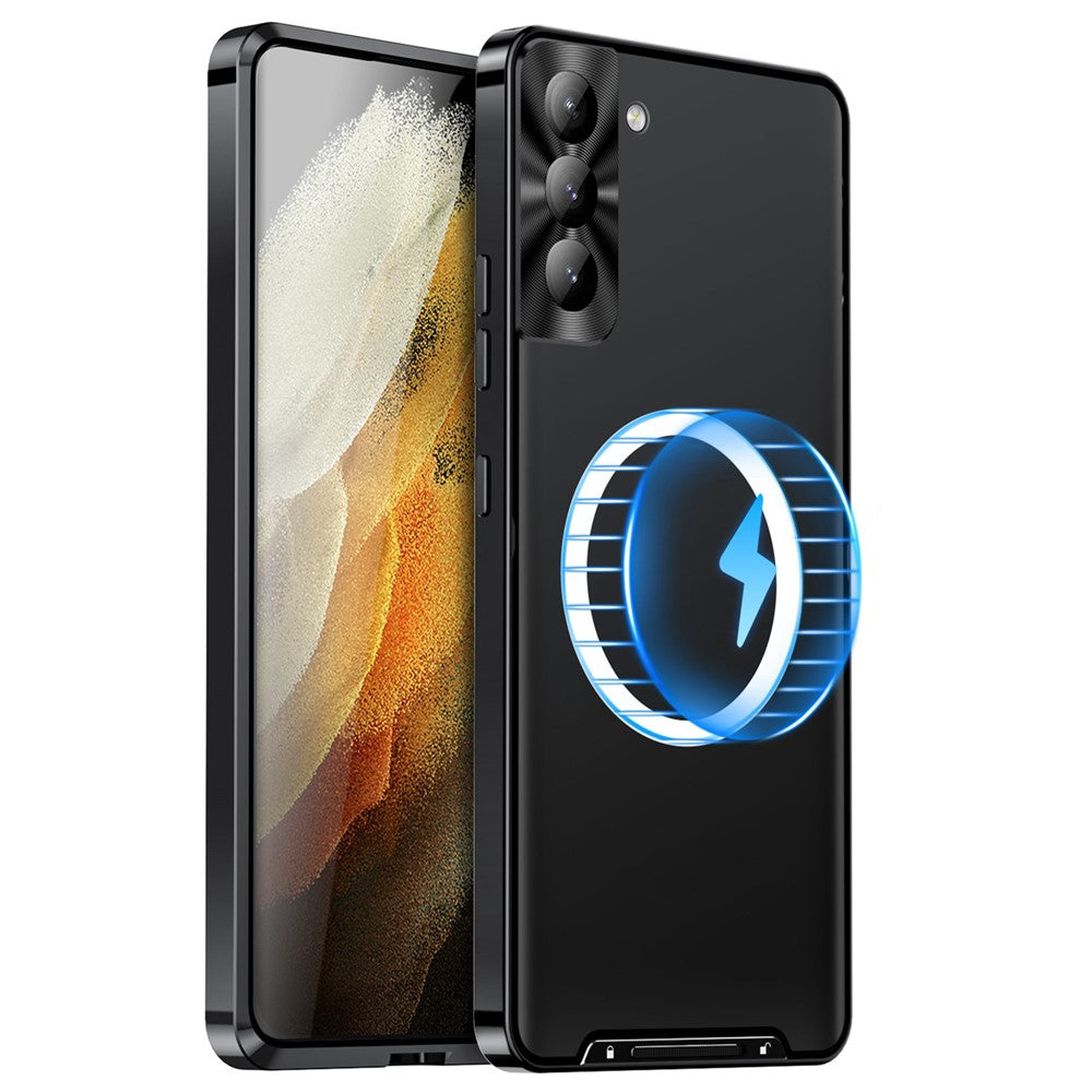 For Samsung Galaxy S21+ 5G Drop-proof Matte Phone Case Magnetic Absorption TPU Back Cover with Metal Edge Integrated Lens Protection