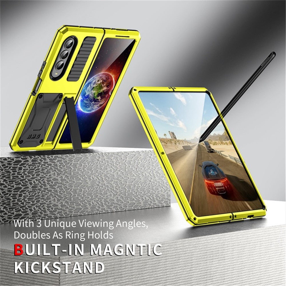 For Samsung Galaxy Z Fold4 5G Anti-shock Phone Case Metal + Silicone + PC Dust-proof Anti-fall Back Cover with Magnetic Kickstand