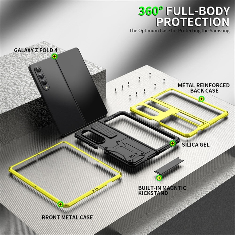 For Samsung Galaxy Z Fold4 5G Anti-shock Phone Case Metal + Silicone + PC Dust-proof Anti-fall Back Cover with Magnetic Kickstand