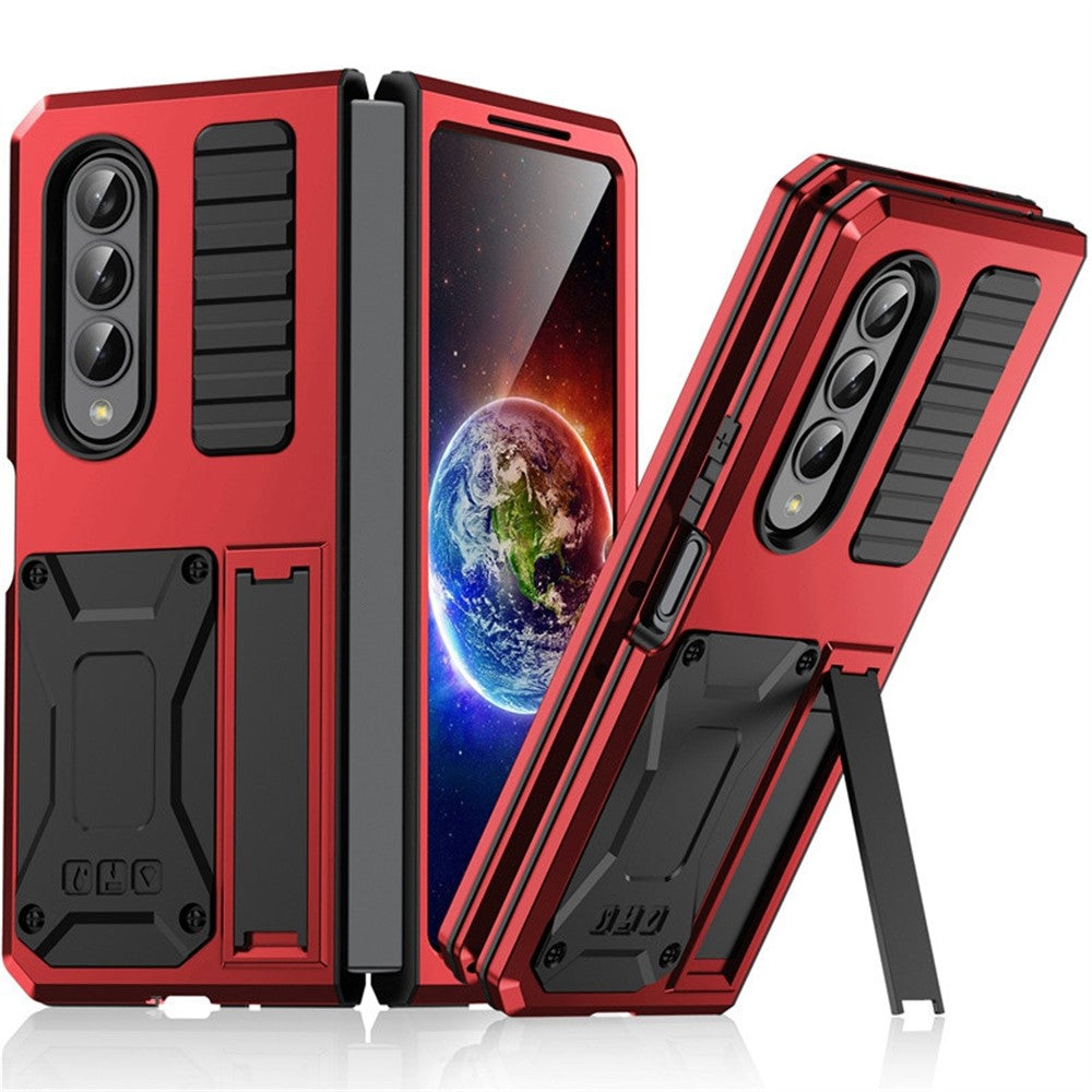 For Samsung Galaxy Z Fold4 5G Anti-shock Phone Case Metal + Silicone + PC Dust-proof Anti-fall Back Cover with Magnetic Kickstand