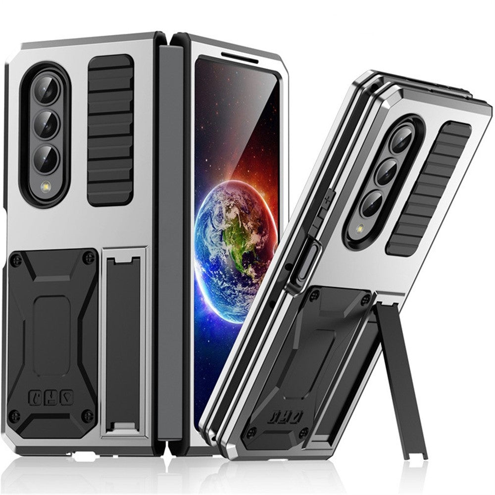 For Samsung Galaxy Z Fold4 5G Anti-shock Phone Case Metal + Silicone + PC Dust-proof Anti-fall Back Cover with Magnetic Kickstand
