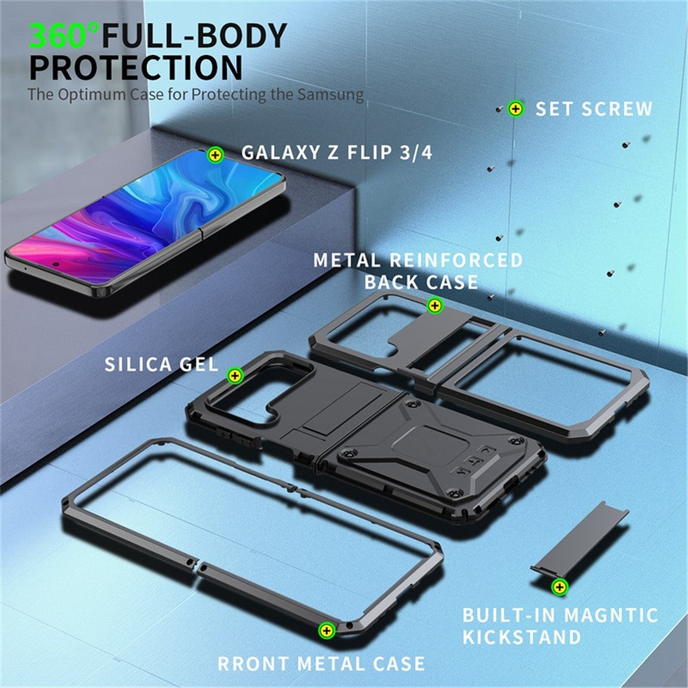 For Samsung Galaxy Z Flip3 5G Dust-proof Drop-proof Phone Case Metal + Silicone + PC Cover with Magnetic Kickstand