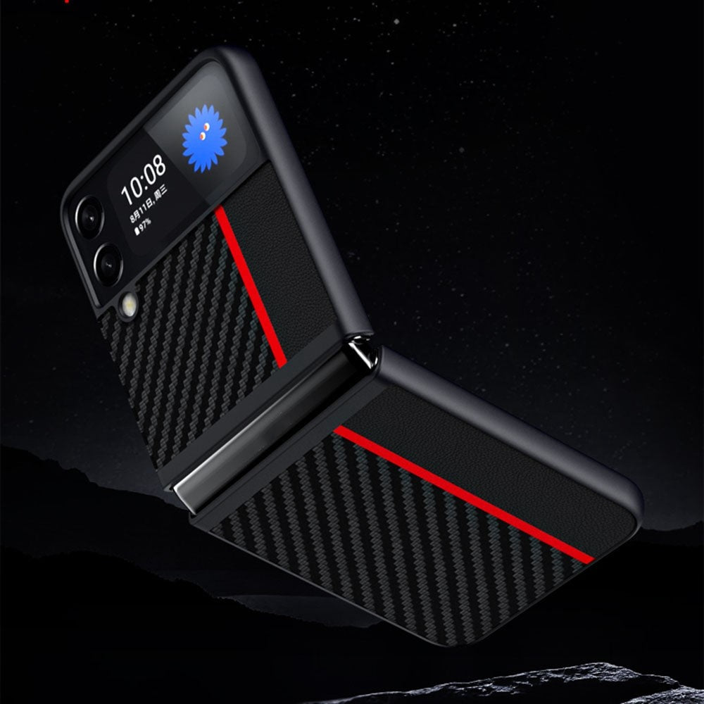 Samsung Galaxy Z Flip4 5G Kolfiberstruktur Skarvning Matt Ultratunt Bakstycke Läder+PC Slitstarkt mobilskal