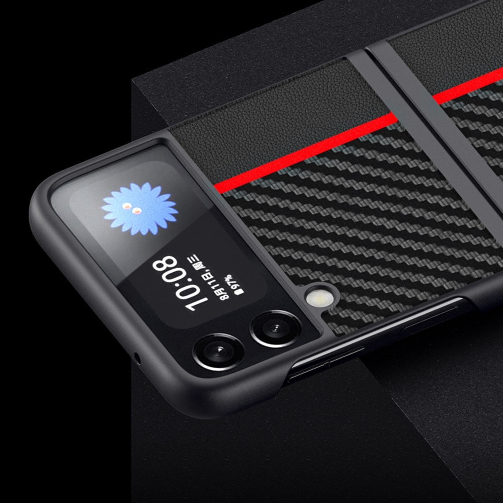 Samsung Galaxy Z Flip4 5G Kolfiberstruktur Skarvning Matt Ultratunt Bakstycke Läder+PC Slitstarkt mobilskal