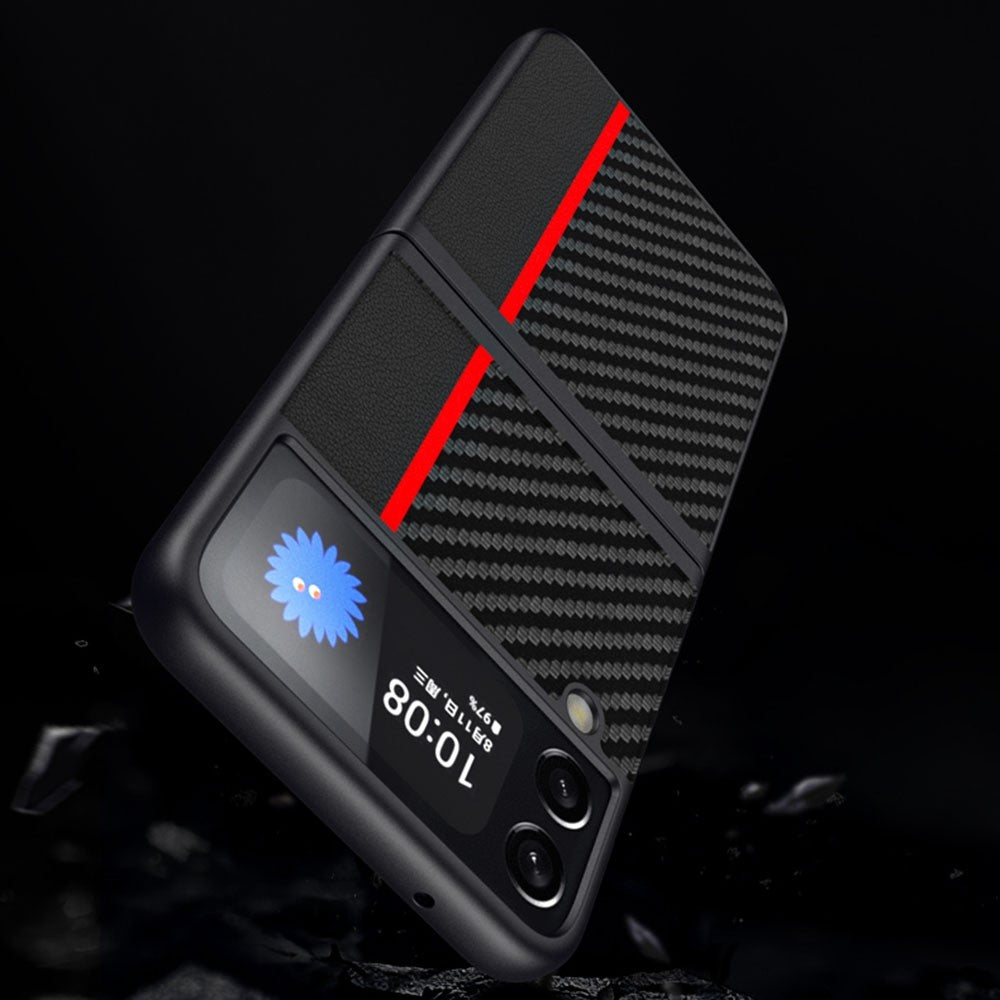 Samsung Galaxy Z Flip4 5G Kolfiberstruktur Skarvning Matt Ultratunt Bakstycke Läder+PC Slitstarkt mobilskal
