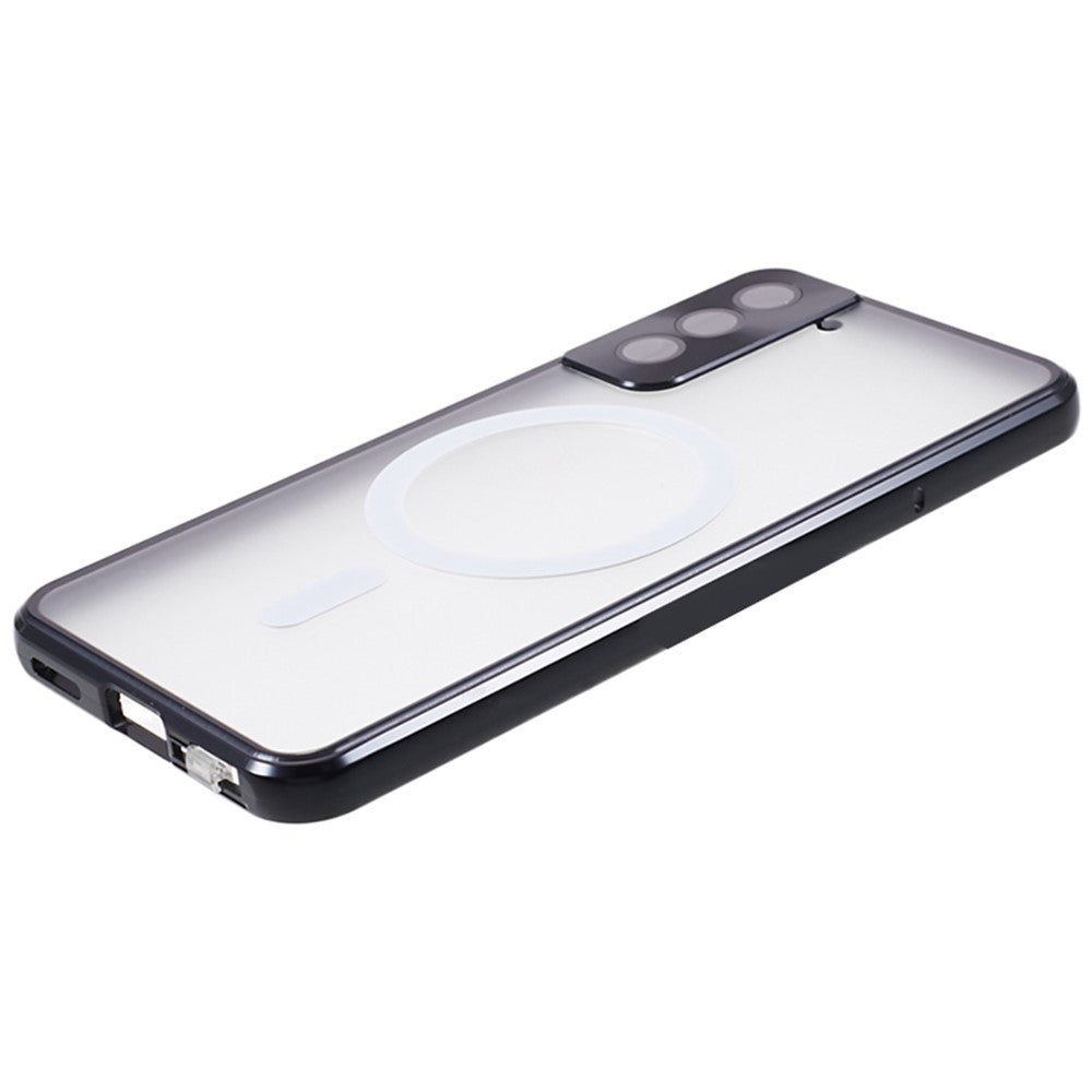For Samsung Galaxy S22+ 5G Clear Magnetic Phone Case Tempered Glass Back Frosted PC Metal Frame Protective Cover