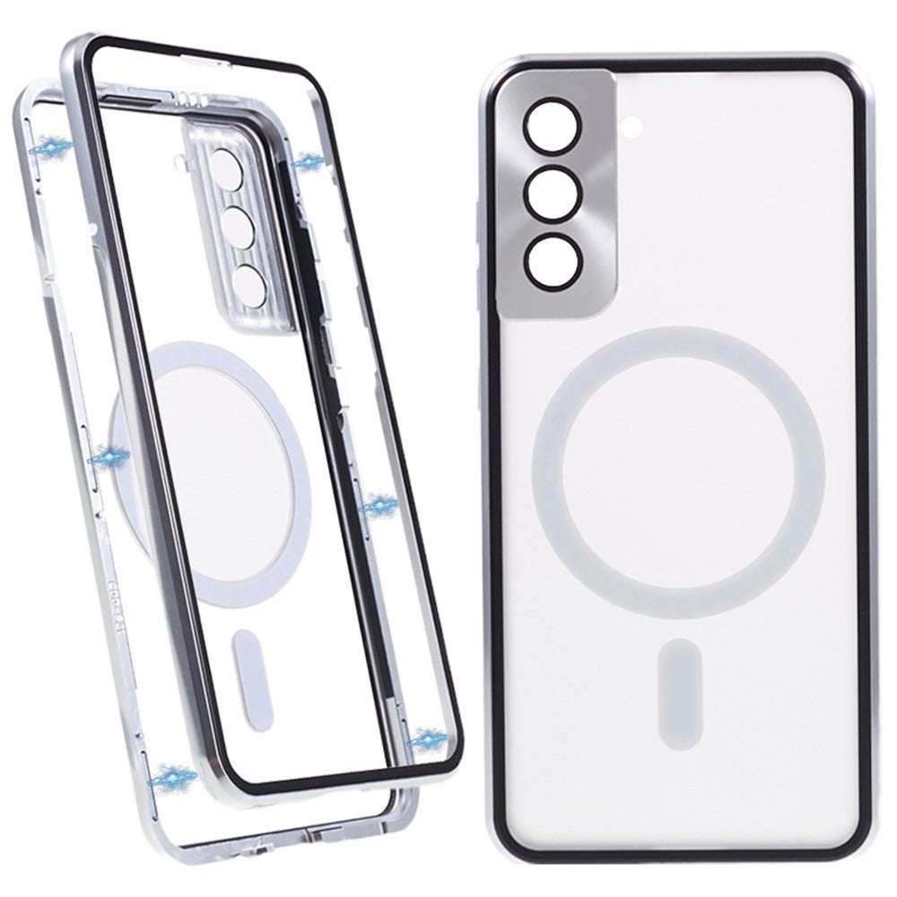 For Samsung Galaxy S22+ 5G Clear Magnetic Phone Case Tempered Glass Back Frosted PC Metal Frame Protective Cover