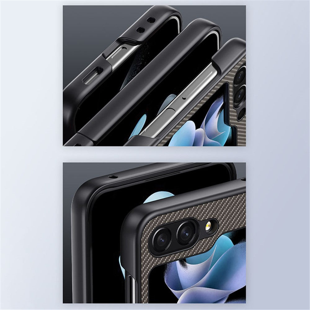 Til Samsung Galaxy Z Flip5 5G telefoncover med kulfibertekstur i PU-læder + PC, ultratyndt cover