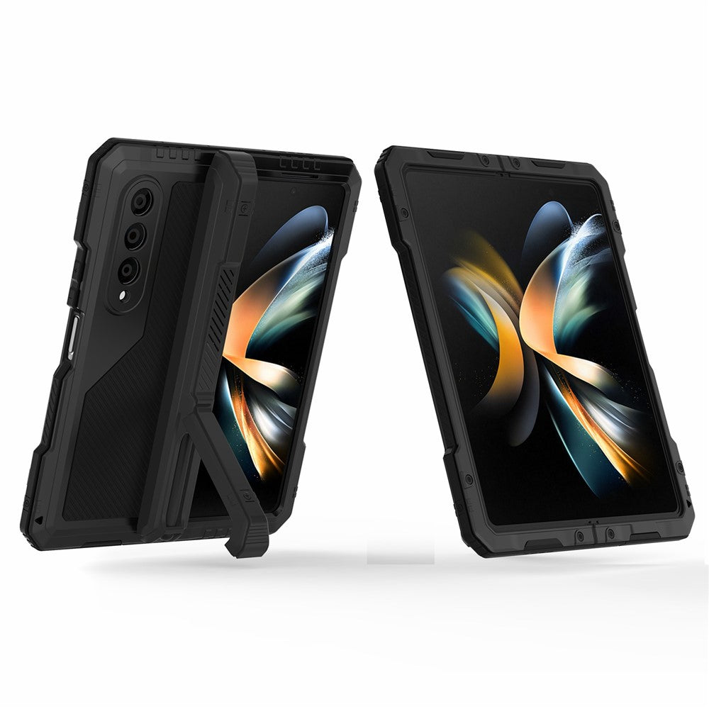 Til Samsung Galaxy Z Fold4 5G Mobilcover i aluminiumslegering + silikone Stødsikkert Støvtæt Beskyttelsescover med støttefod og skærmbeskytter