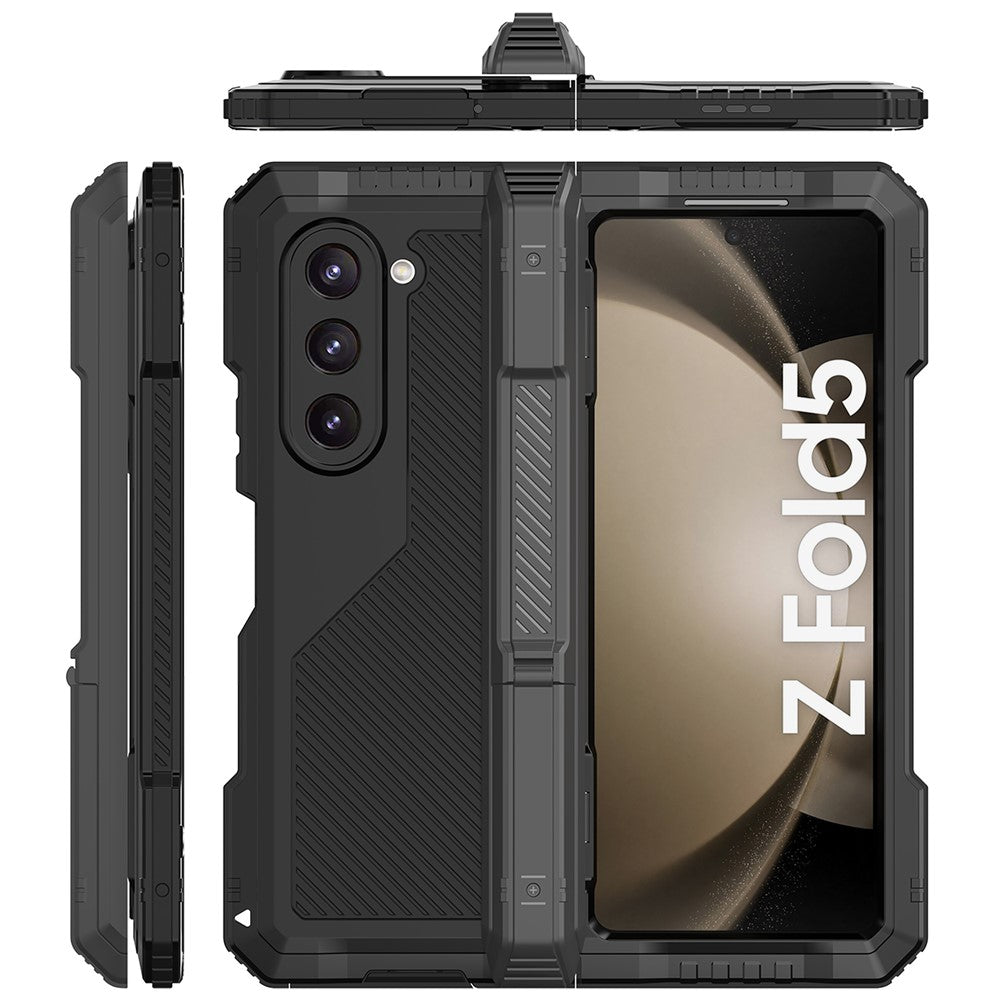 Samsung Galaxy Z Fold5 5G stødsikkert beskyttelsescover i aluminiumlegering + silikone med mobilstativ og PET-skærmbeskytter