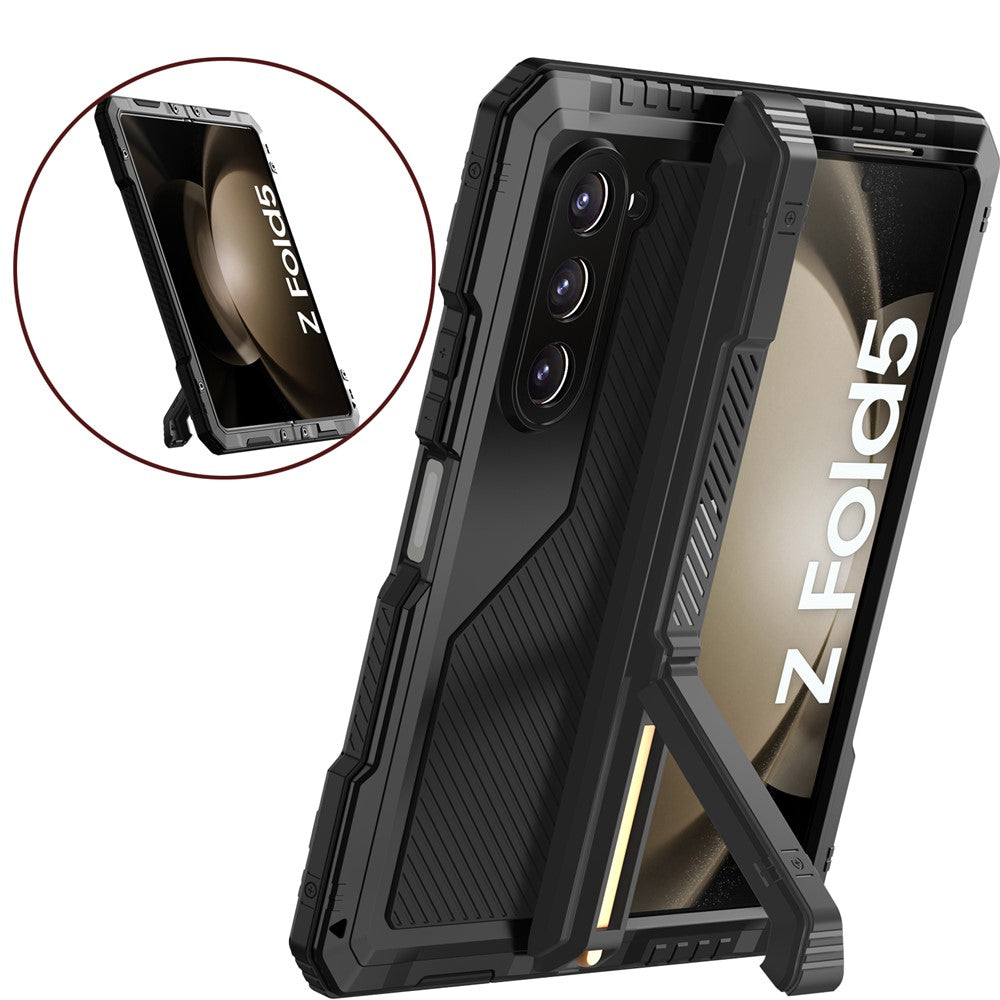 Samsung Galaxy Z Fold5 5G stødsikkert beskyttelsescover i aluminiumlegering + silikone med mobilstativ og PET-skærmbeskytter