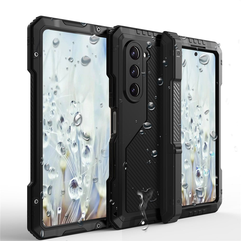Samsung Galaxy Z Fold5 5G stødsikkert beskyttelsescover i aluminiumlegering + silikone med mobilstativ og PET-skærmbeskytter