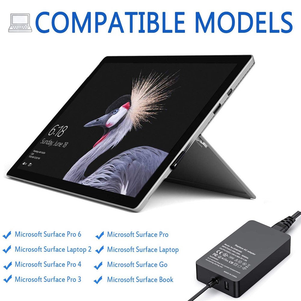 44W 15V 2,58A strømadapteroplader med USB-opladningsport til Microsoft Surface Pro 6/5/4/3 osv.