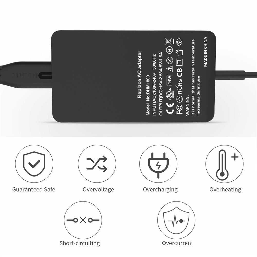 44W 15V 2,58A strømadapteroplader med USB-opladningsport til Microsoft Surface Pro 6/5/4/3 osv.