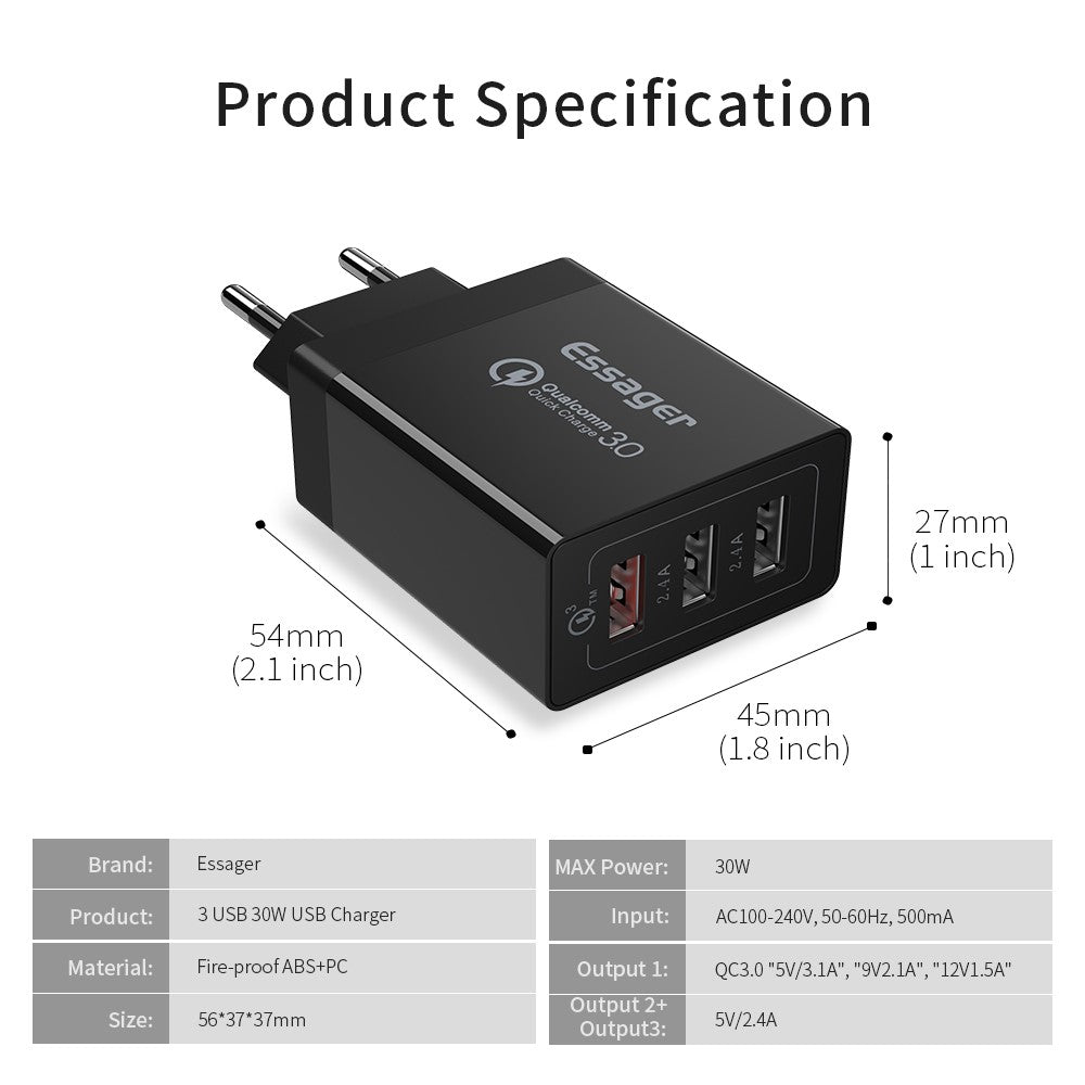 ESSAGER QC3.0 + Dobbelt 2.4A USB 30W Rejseoplader Vægoplader