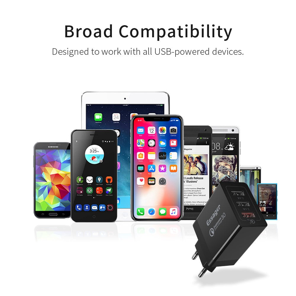 ESSAGER QC3.0 + Dobbelt 2.4A USB 30W Rejseoplader Vægoplader