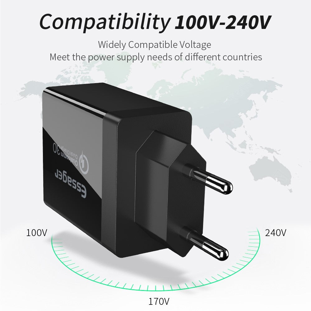 ESSAGER QC3.0 + Dobbelt 2.4A USB 30W Rejseoplader Vægoplader