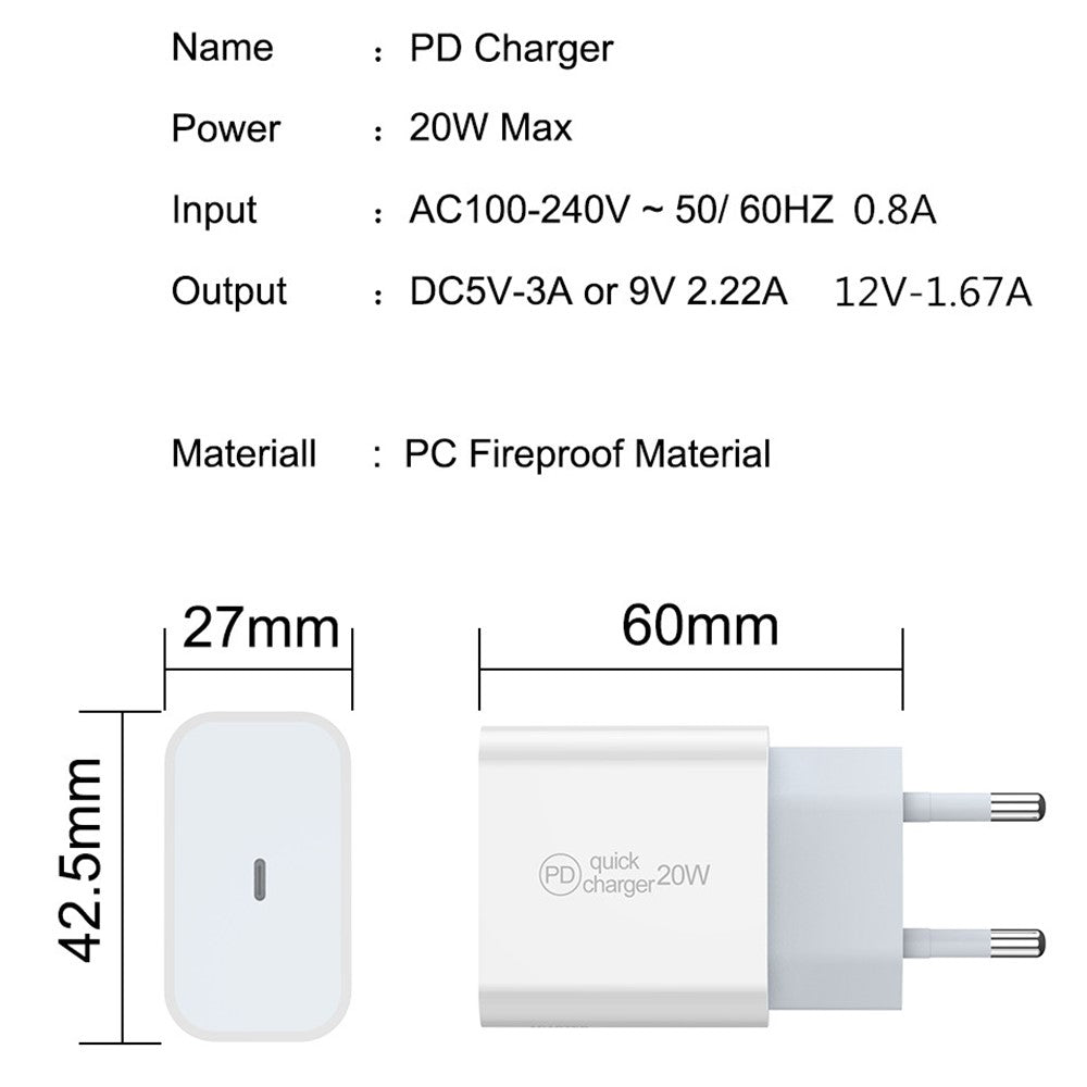 PD 20W USB C-hurtigoplader EU-stik strømadapter til iPhone 13/14-serien