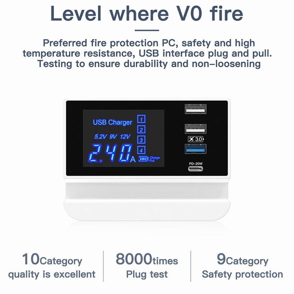 WIN HOW SOLUTION YC-CDA26D Quick Charge 3.0 USB +PD 20W Type-C hurtigopladningsstation 4-ports oplader [CE-certificeret]
