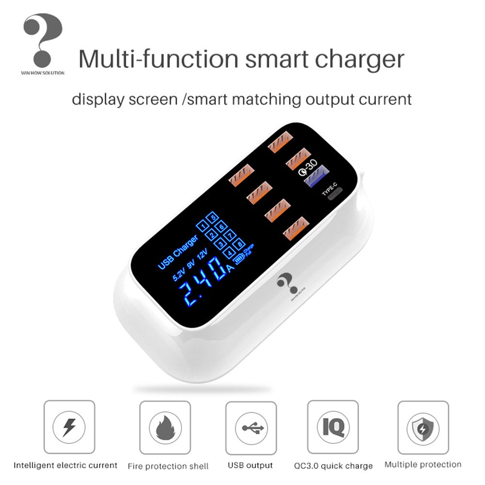 WIN HOW SOLUTION YC-CDA19Q 40W hurtigopladning QC3.0 USB Type-C PD-opladerstation med LED-display til mobiltelefon og tablet (CE-certificeret)