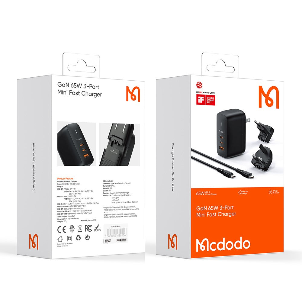 MCDODO CH-8442 MDD Mecha Series US Plug 65W GaN3.0 Dual Type-C+USB Travel Charger Adapter with Type-C Cable and EU+UK Plug