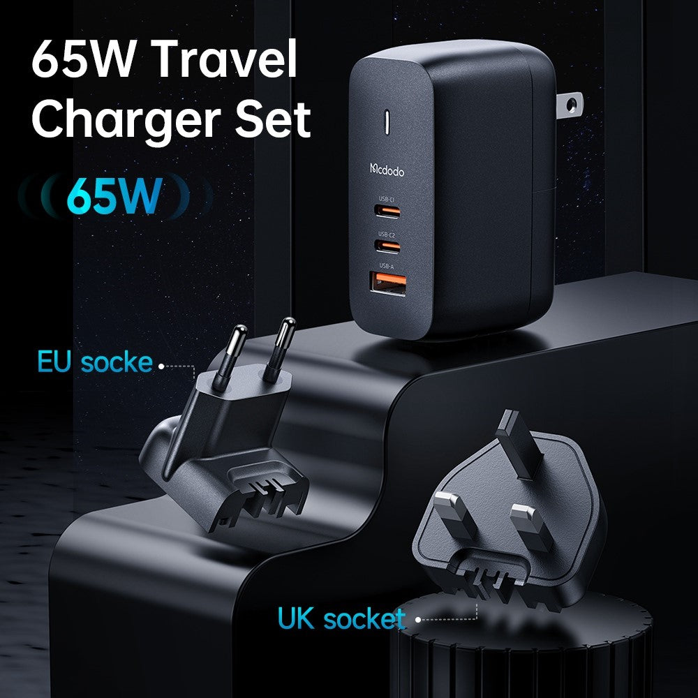 MCDODO CH-8442 MDD Mecha Series US Plug 65W GaN3.0 Dual Type-C+USB Travel Charger Adapter with Type-C Cable and EU+UK Plug