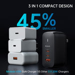 MCDODO CH-8442 MDD Mecha Series US-stik 65W GaN3.0 Dobbelt Type-C+USB Rejseopladeradapter med Type-C-kabel og EU+UK-stik