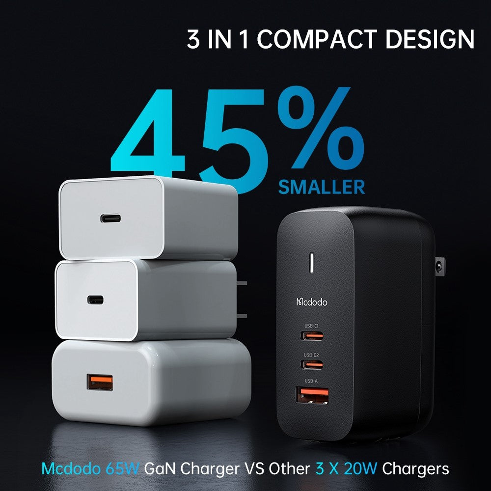 MCDODO CH-8442 MDD Mecha Series US-stik 65W GaN3.0 Dobbelt Type-C+USB Rejseopladeradapter med Type-C-kabel og EU+UK-stik
