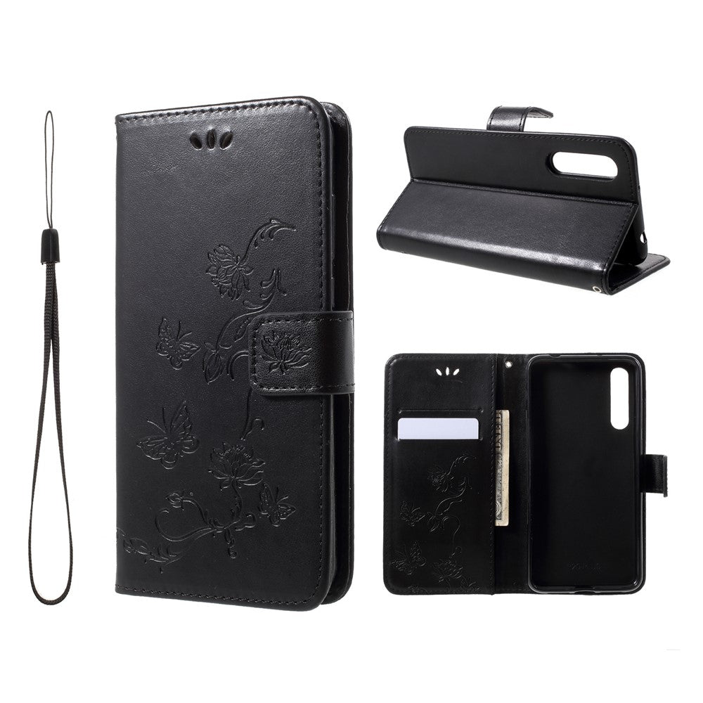 Läderfodral med fjärilsmotiv och blommotiv för Huawei P20 Pro