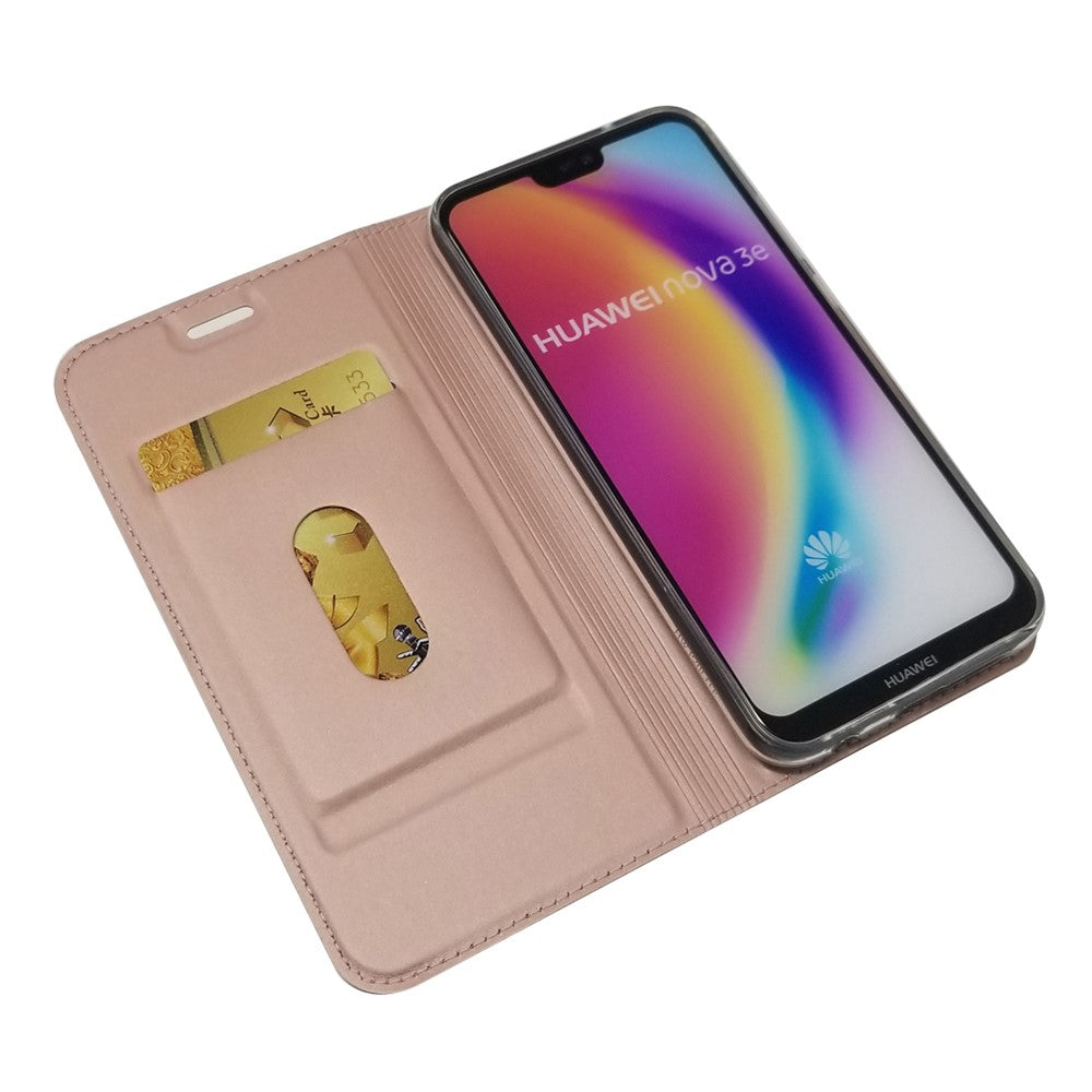 Självabsorberande stativ i läder med korthållare för mobilmobil till Huawei P20 Lite / Nova 3e