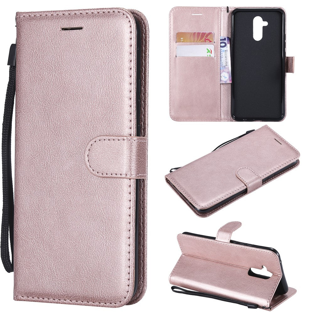 For Huawei Mate 20 Lite / Maimang 7 with Strap Case Solid Color Leather Mobile Cover Wallet Stand with Strap