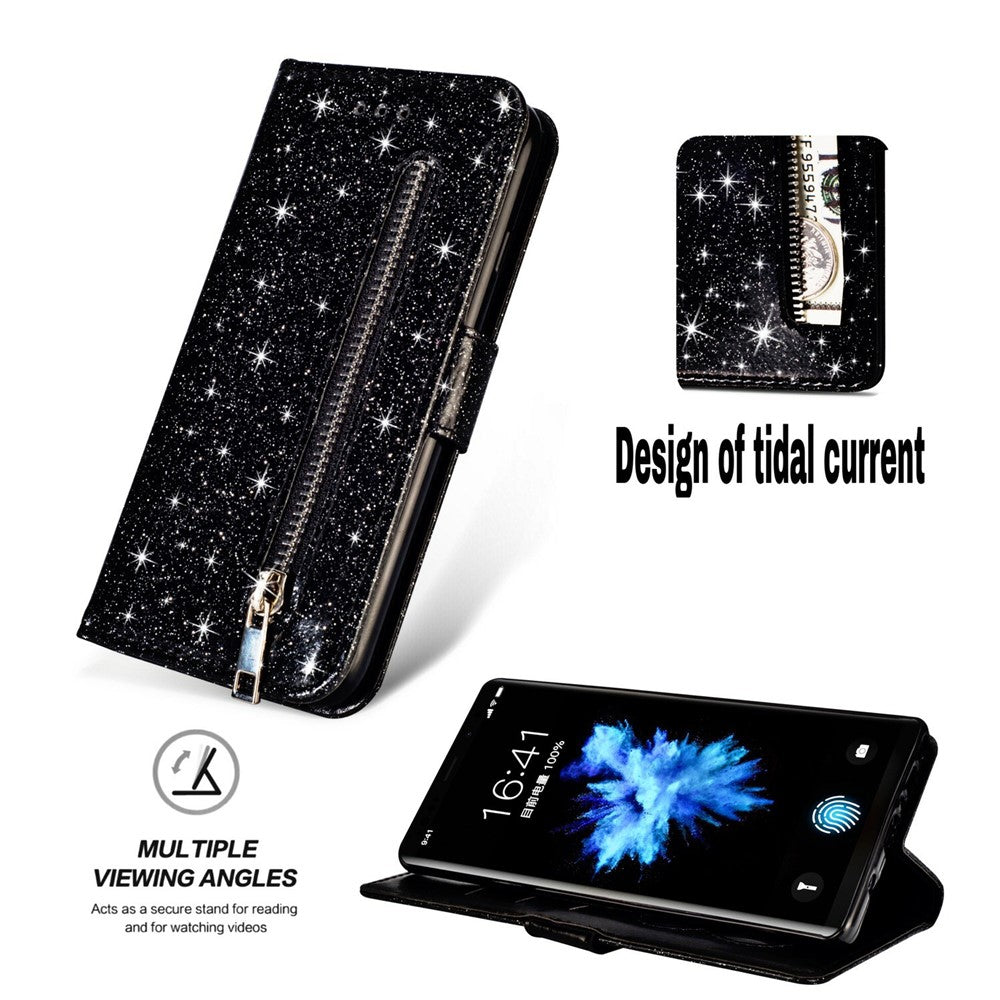 Flash Powder Läderfodral med Blixtlås och Stativ och Rem till Huawei P20 Lite / Nova 3e (Kina)