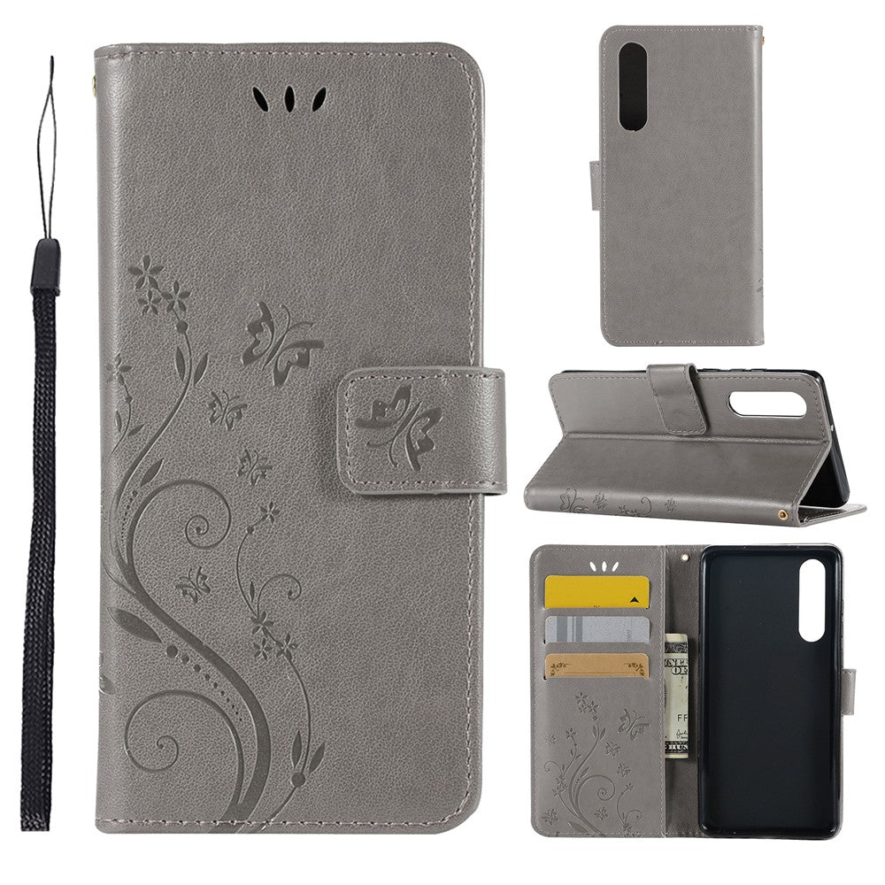 Huawei P30 Imprint Butterfly Flower Läderplånboksfodral med rem