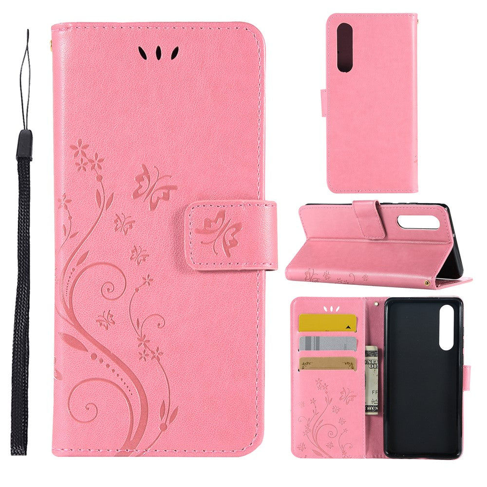 Huawei P30 Imprint Butterfly Flower Läderplånboksfodral med rem