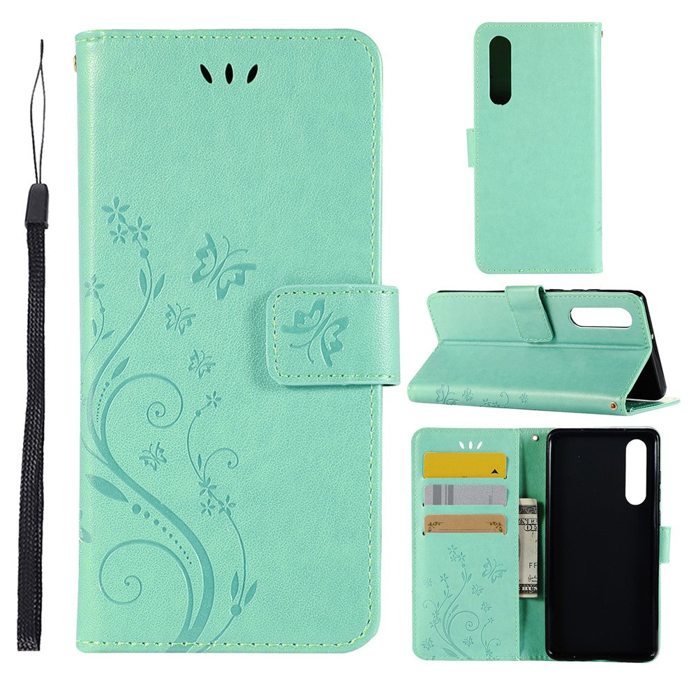 Huawei P30 Imprint Butterfly Flower Läderplånboksfodral med rem