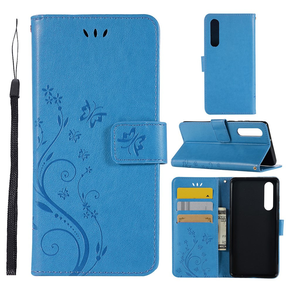 Huawei P30 Imprint Butterfly Flower Läderplånboksfodral med rem