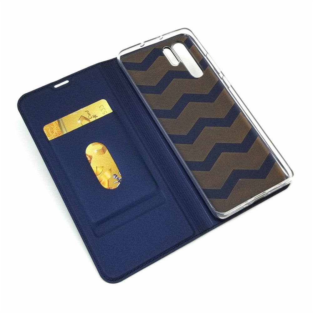 Självabsorberande stativ i läder med kortplats för Huawei P30 Pro