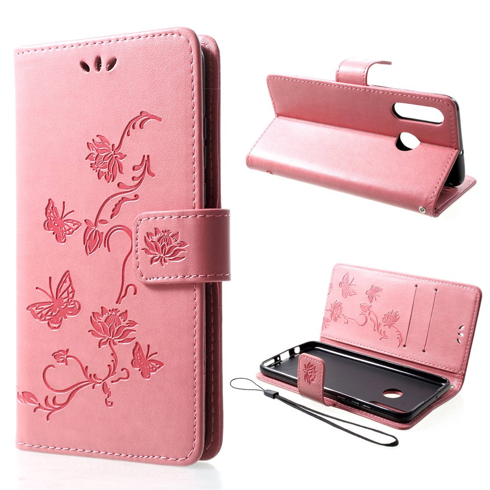 Läderfodral med fjärilsmotiv och blommotiv för Huawei P30 Lite