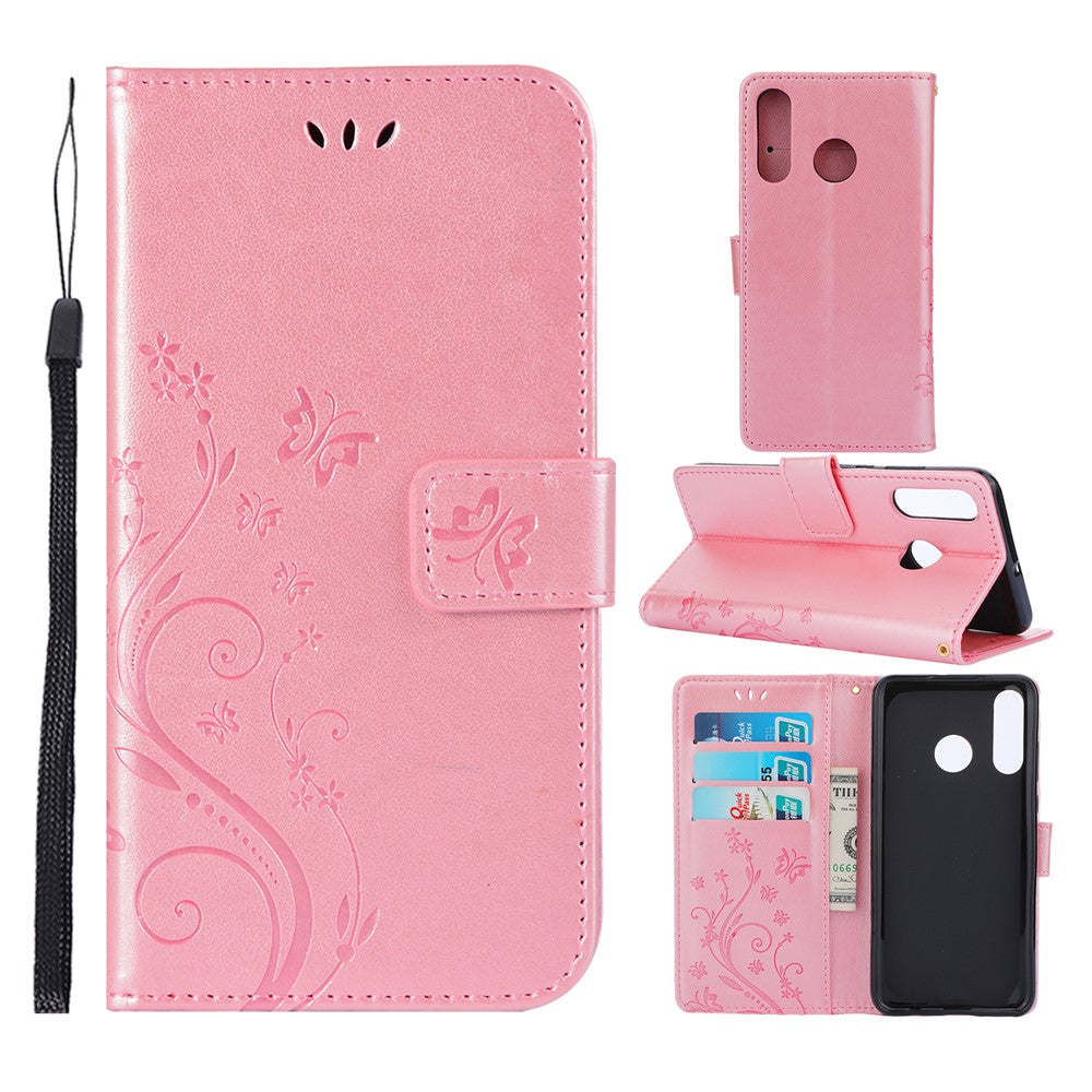 Läderplånboksfodral med fjärilsmotiv och blommotiv till Huawei P30 Lite