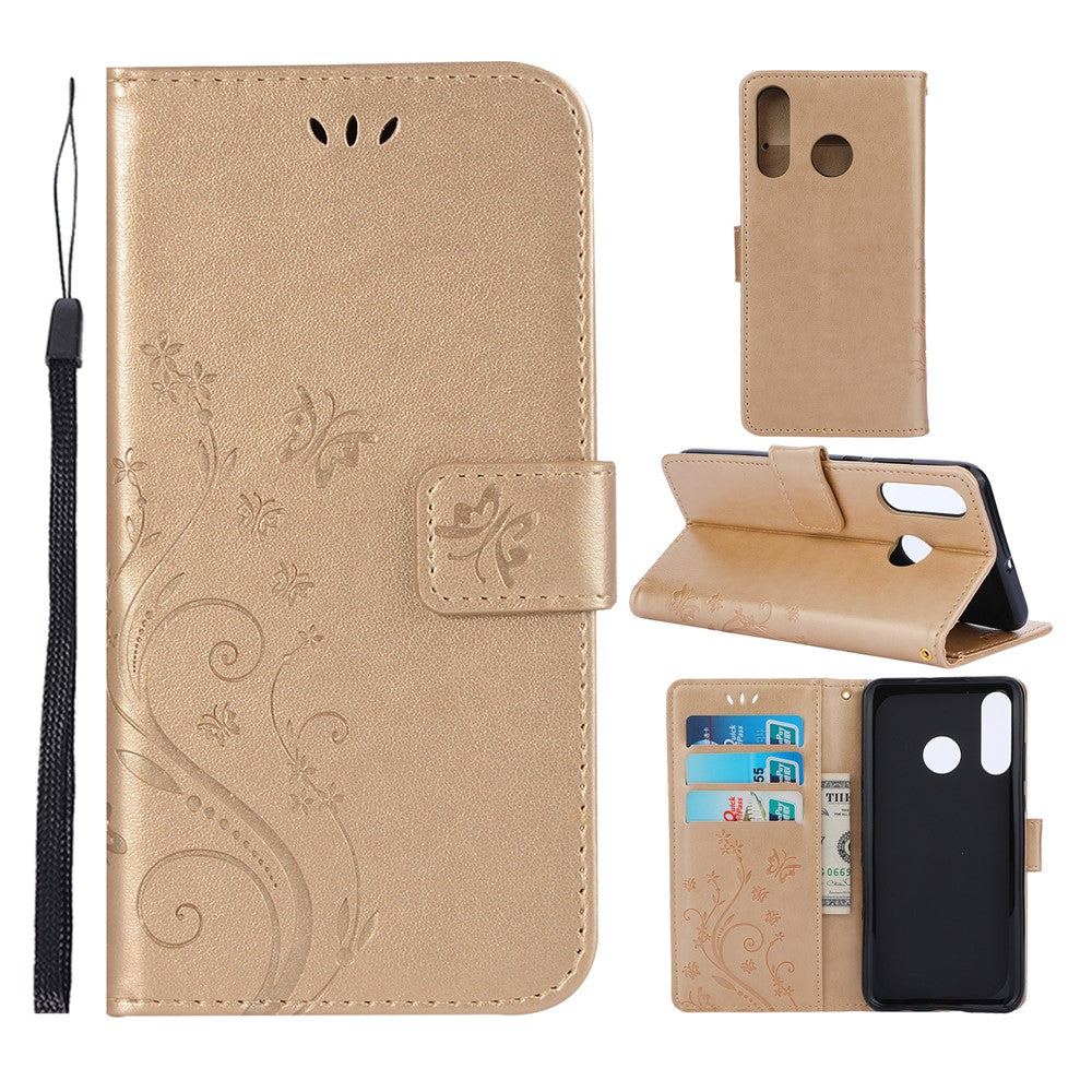 Läderplånboksfodral med fjärilsmotiv och blommotiv till Huawei P30 Lite