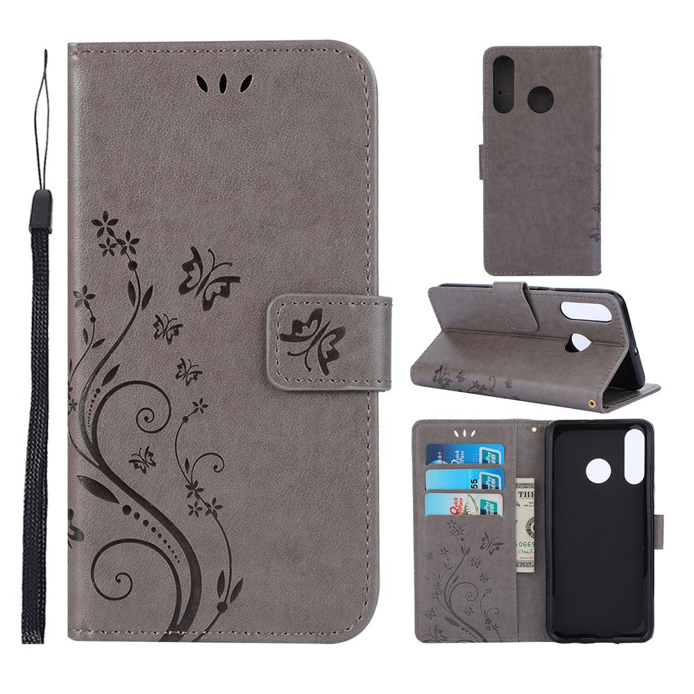 Läderplånboksfodral med fjärilsmotiv och blommotiv till Huawei P30 Lite