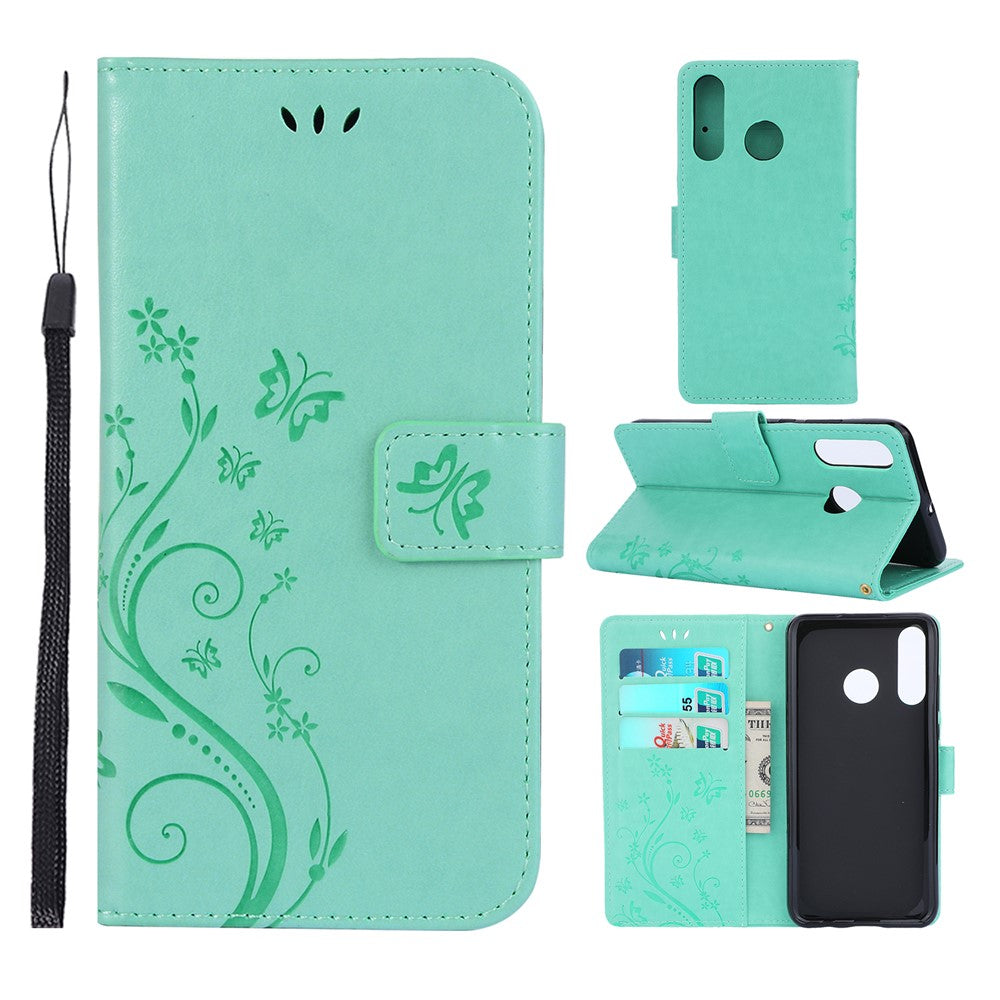 Läderplånboksfodral med fjärilsmotiv och blommotiv till Huawei P30 Lite
