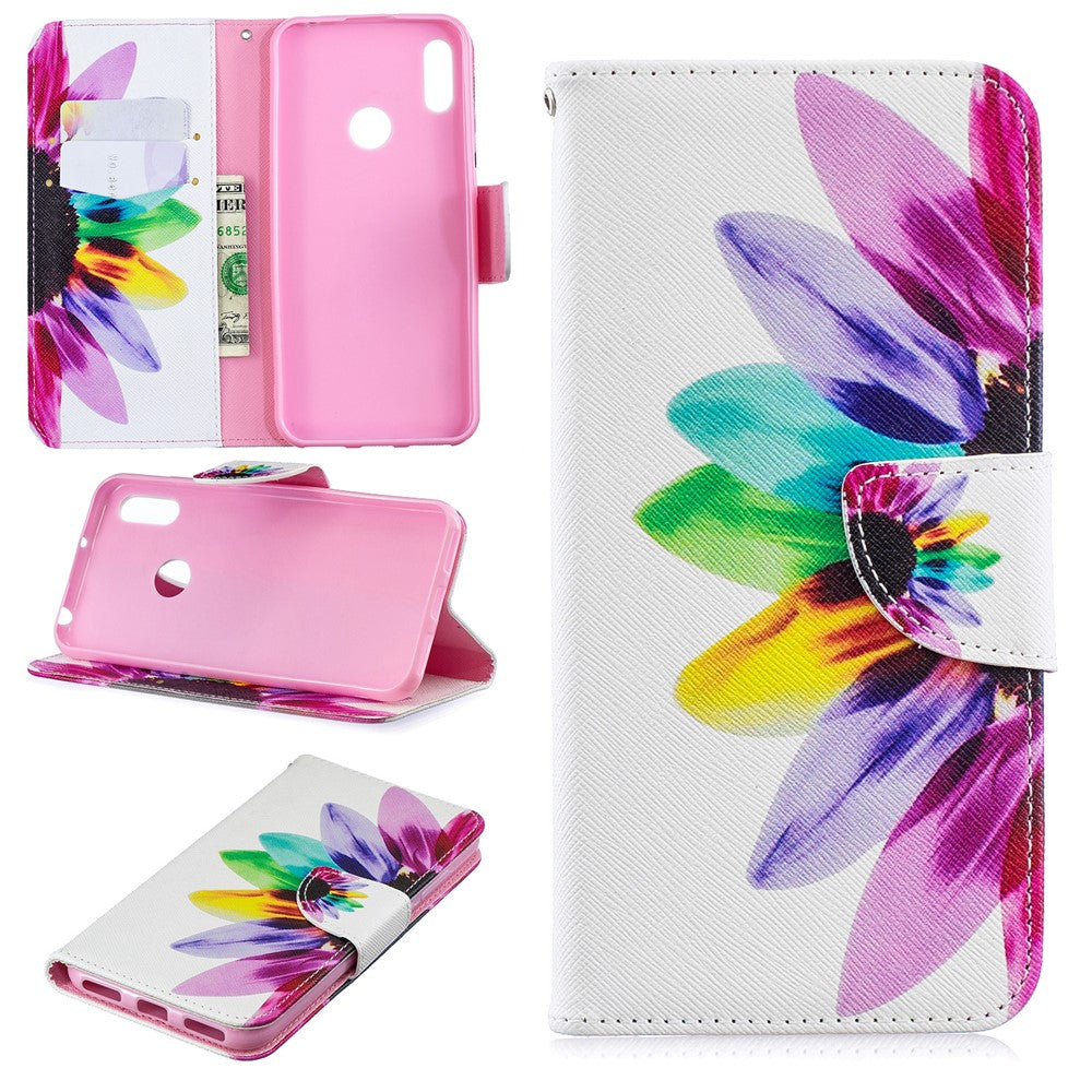 Pattern Printing PU Leather Flip Stand Shell for Huawei Y6 (2019, with Fingerprint Sensor) / Y6 Prime (2019)