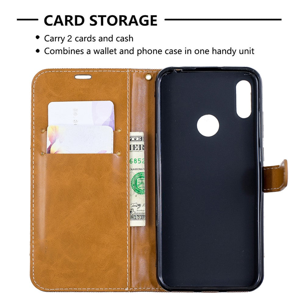 Two-tone Jean Cloth PU Leather Mobile Case for Huawei Y6 (2019, with Fingerprint Sensor) / Y6 Prime (2019)