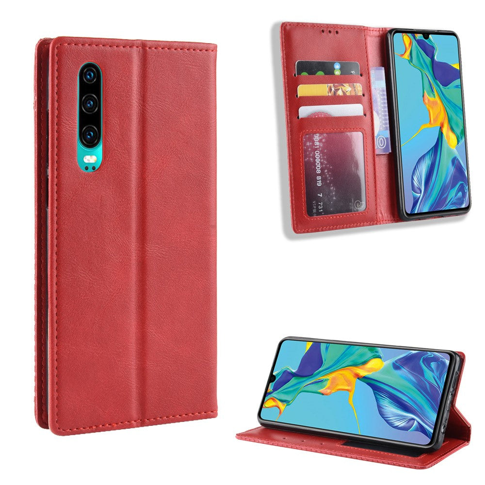 Självabsorberande Vintage Läderplånbok Mobilskal för Huawei P30