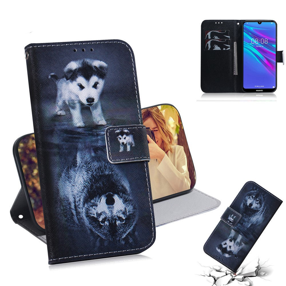 Pattern Printing PU Leather Folio Flip Case Cover for Huawei Y6 (2019, with Fingerprint Sensor) / Y6 Prime (2019)