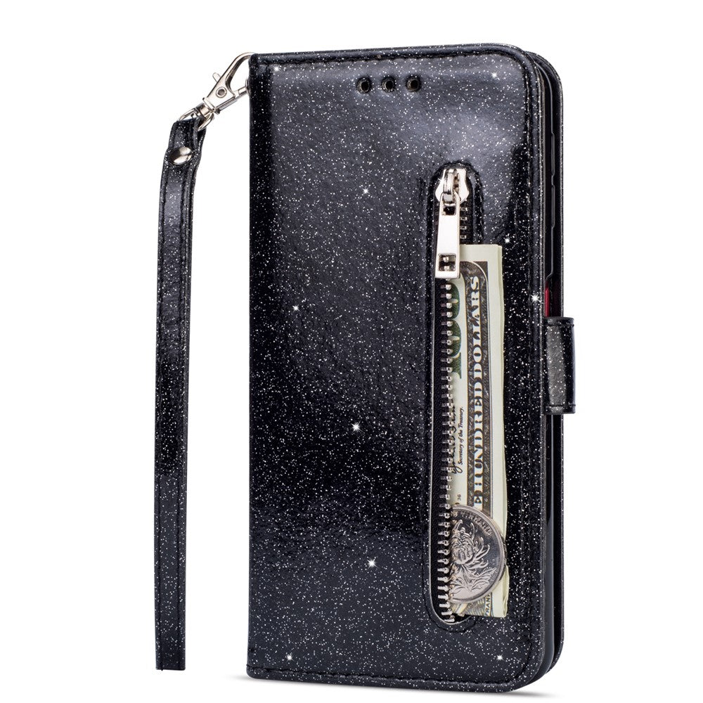 Glitter Powder Zippered Stand Leather Wallet Case with Strap for Huawei P30 Lite / nova 4e