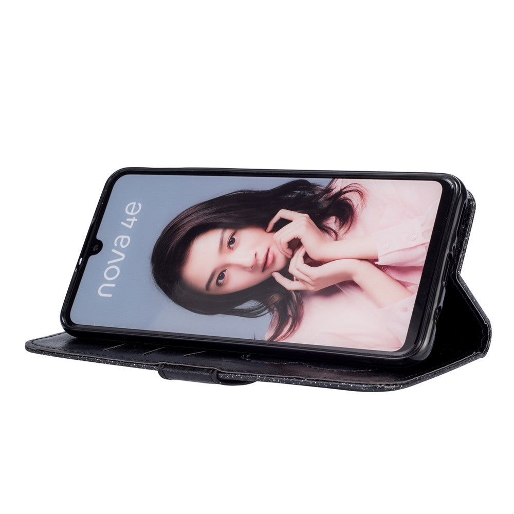 Glitter Powder Zippered Stand Leather Wallet Case with Strap for Huawei P30 Lite / nova 4e