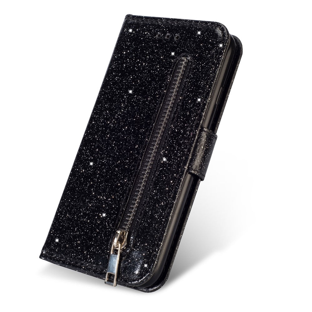 Glitter Powder Zippered Stand Leather Wallet Case with Strap for Huawei P30 Lite / nova 4e