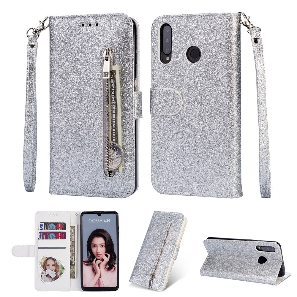 Glitter Powder Zippered Stand Leather Wallet Case with Strap for Huawei P30 Lite / nova 4e